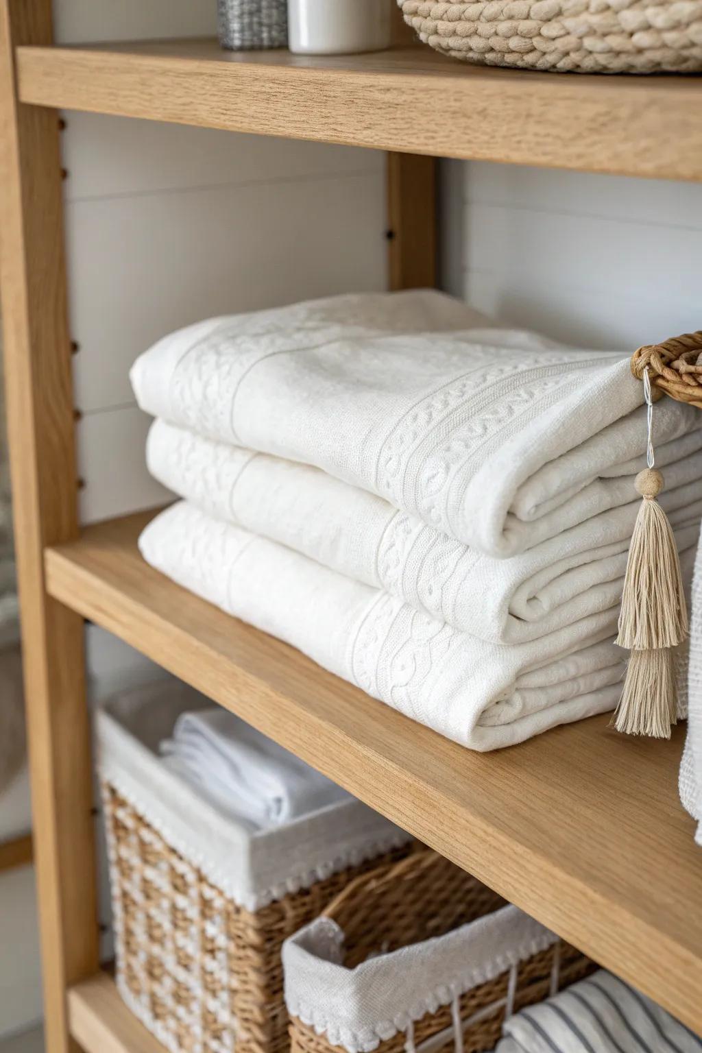 Shelf dividers keep comforter stacks upright, tidy, and easy to grab without the pile collapsing.