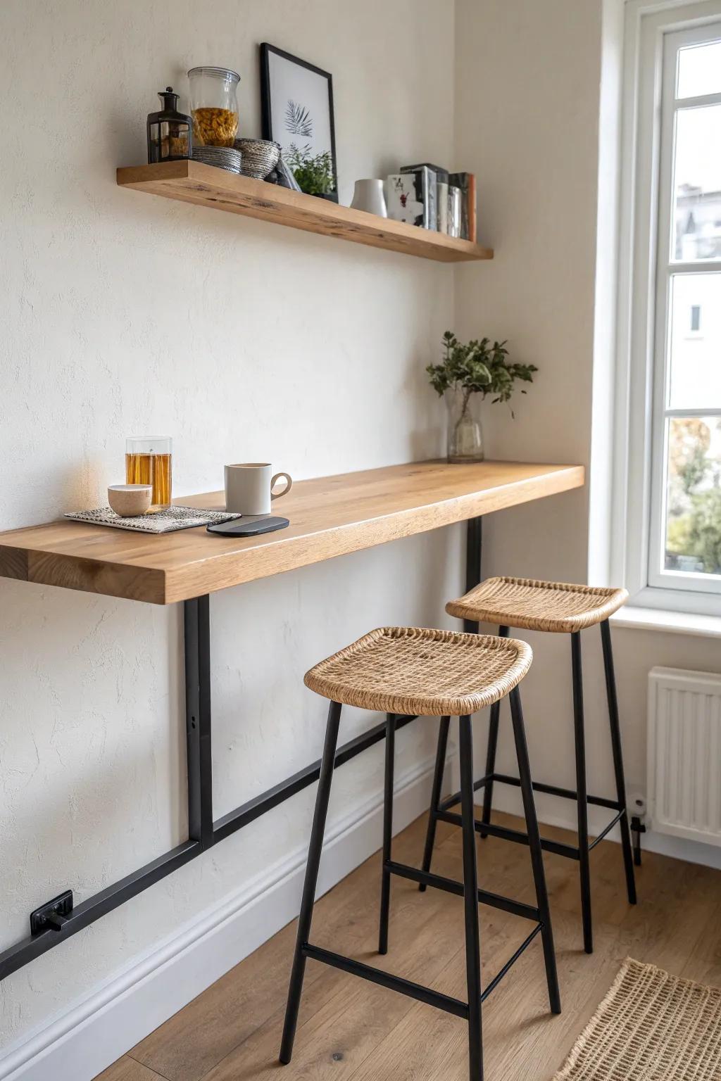 A slim wall-mounted breakfast bar + tuck-in stool keeps studio kitchens open and airy.