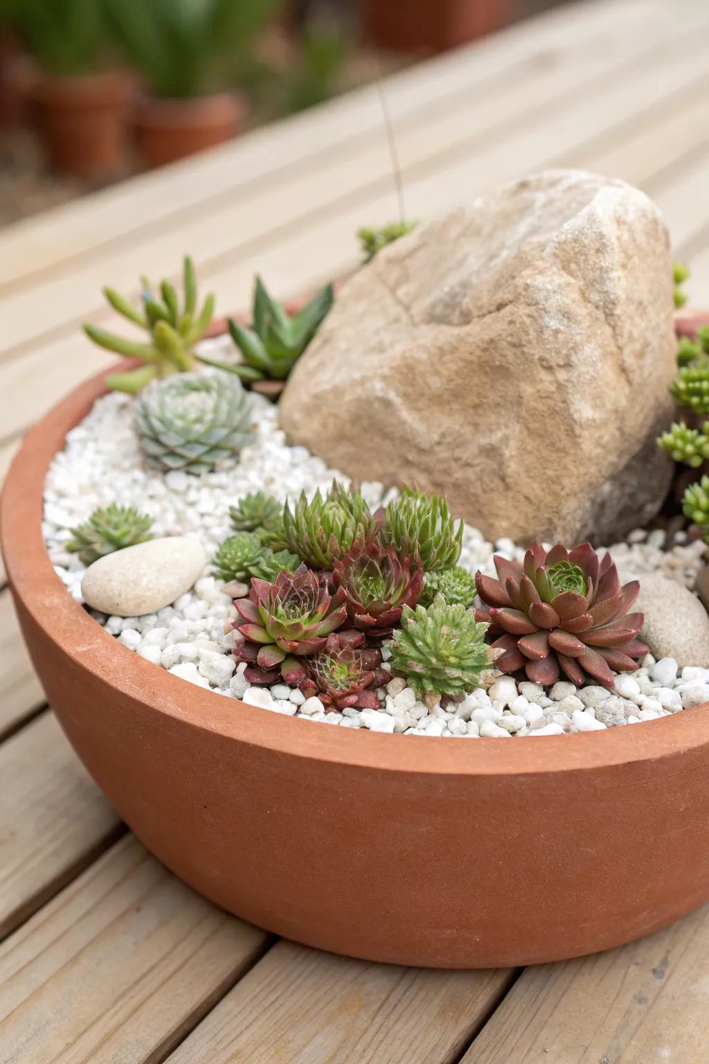 One bold boulder turns a simple container into a mini outcrop of hens-and-chicks and sedums.