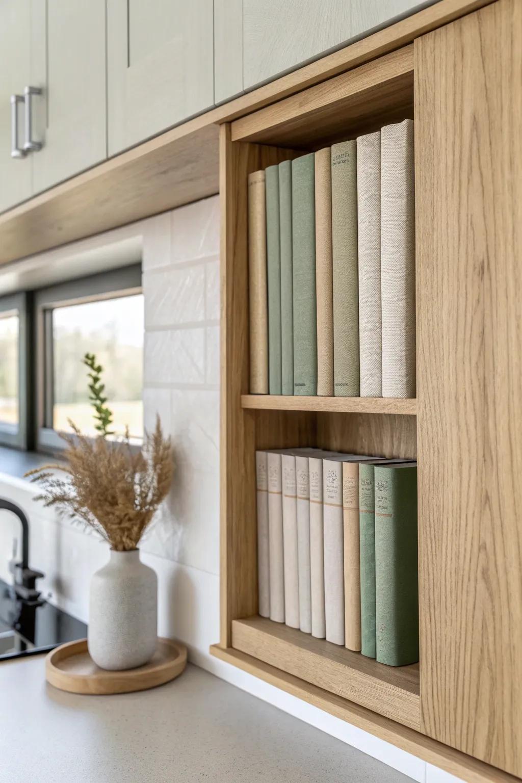 Turn a cabinet side into cookbook storage with a slim shelf—small-space magic, big style.