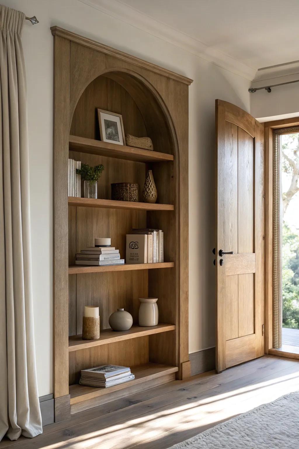 Built-in shelves around a doorway turn unused trim space into a warm, sculptural feature.