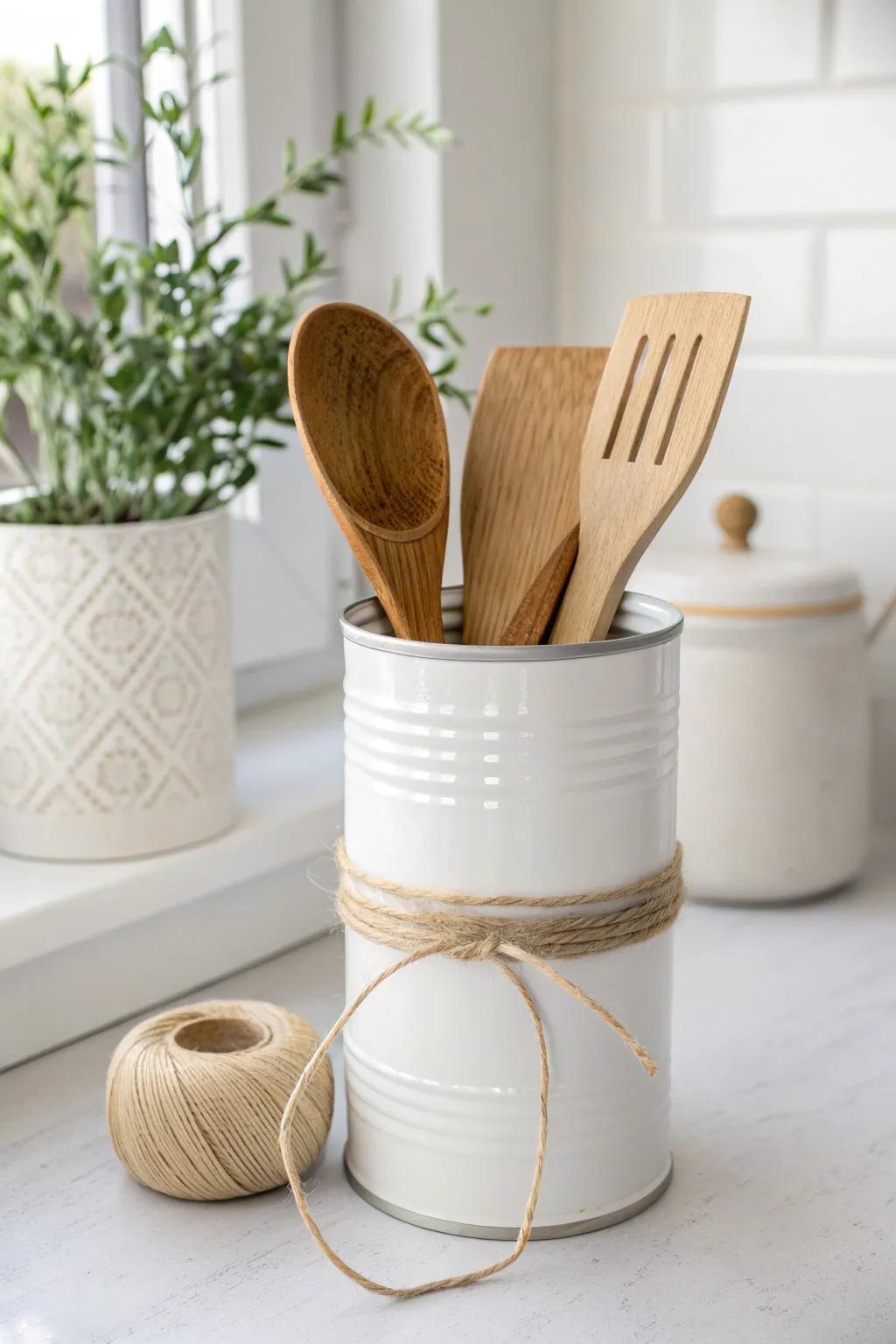 Painted tin can utensil caddy—minimal, boho-touched, and perfect for freeing up drawers.