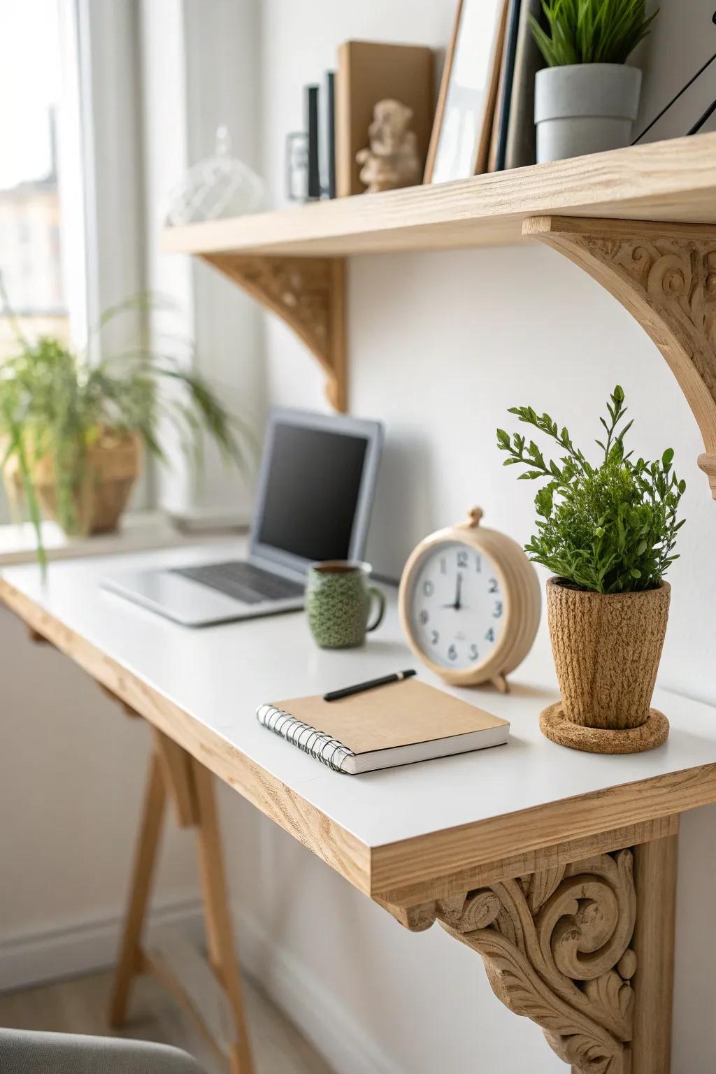 A shallow corbel shelf above the desk—simple, crafted, and perfectly styled for small spaces.