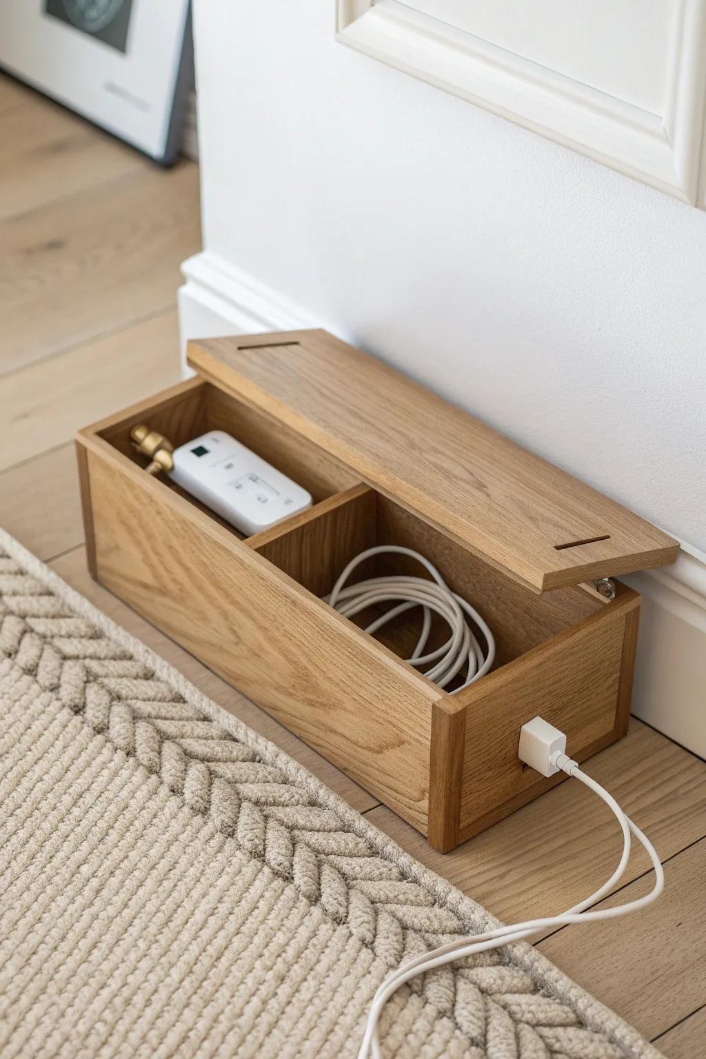 A simple cord box hides the power strip beautifully—instant calm, clutter-free corners.