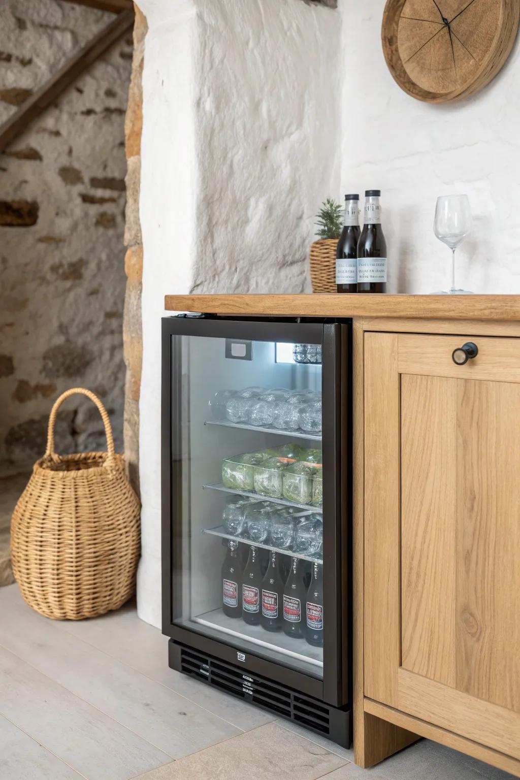 A sleek under-counter beverage cooler turns any corner bar into effortless hosting.