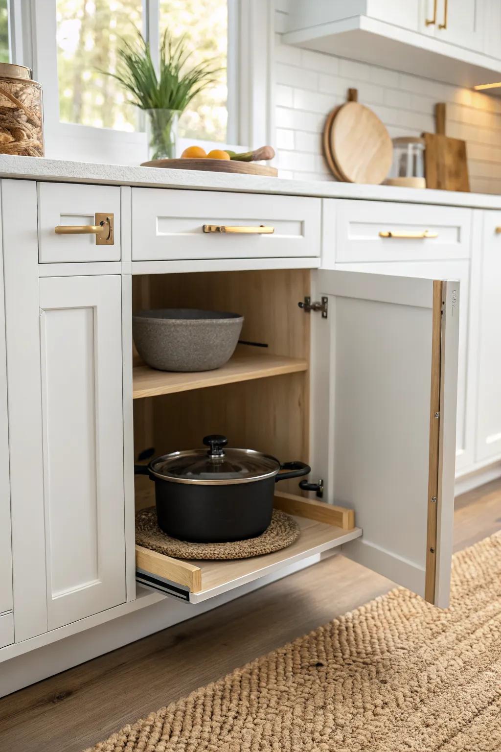 Pull-out corner shelves bring heavy pots to you—turn the hardest cabinet into the easiest.