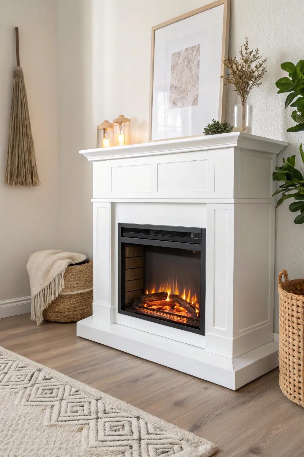 Bright white corner electric fireplace glow—instant light-reflector for cozy small spaces.