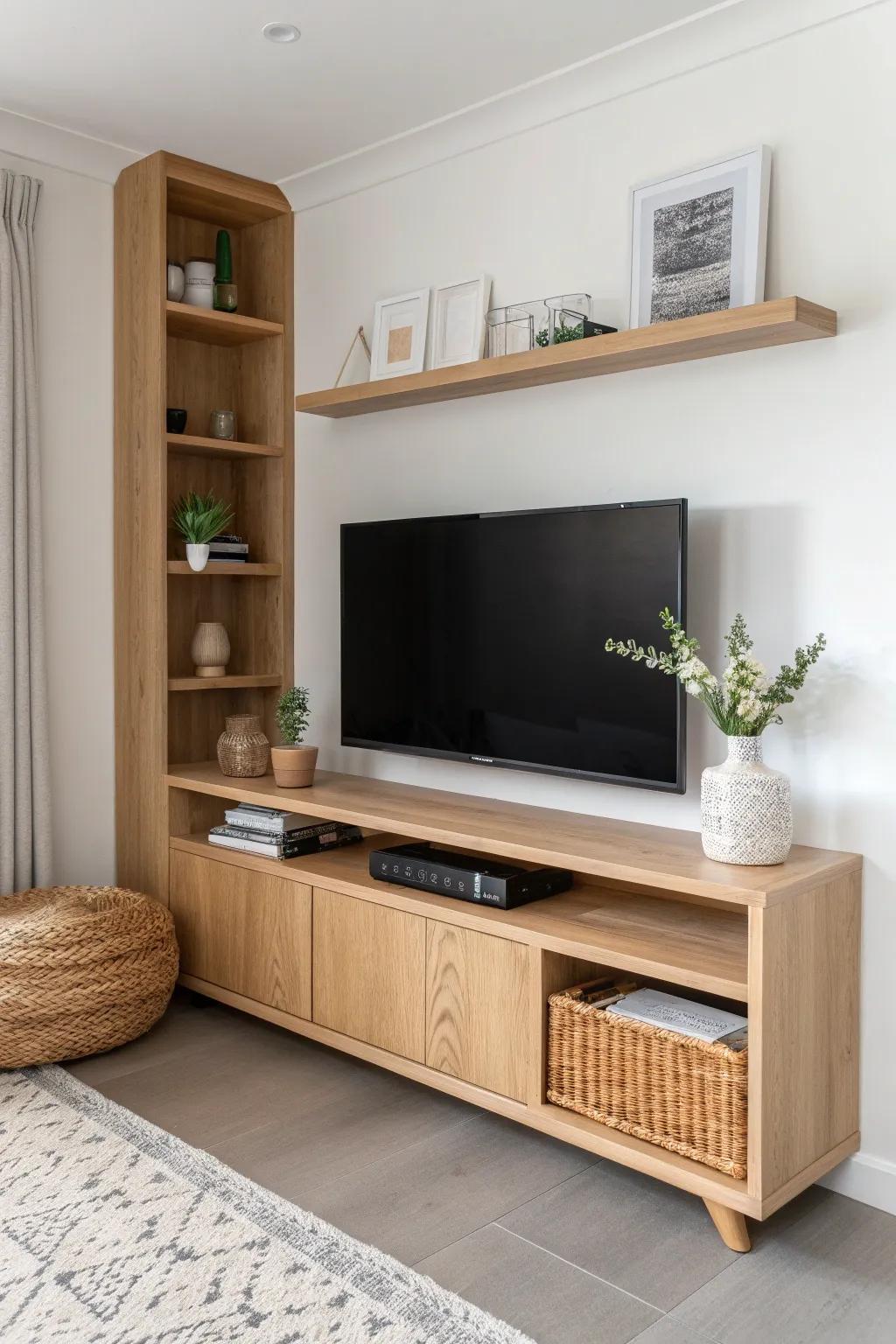 L-shaped corner shelves that frame the screen—minimal, warm oak, and perfectly practical.
