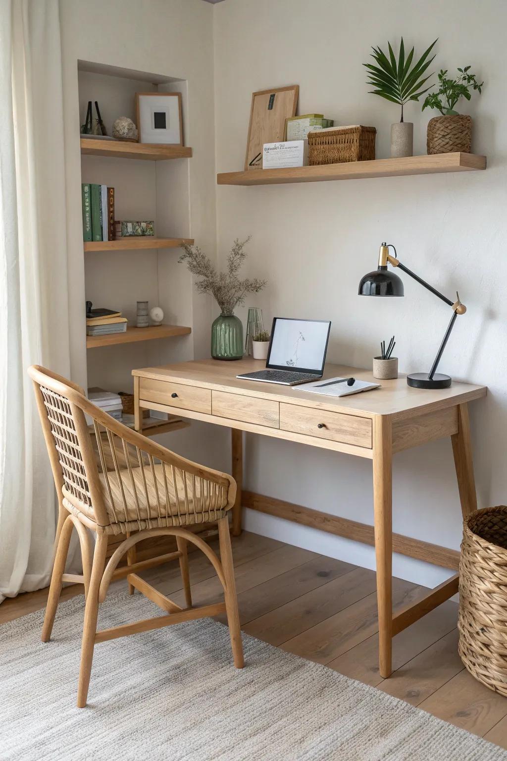 Turn an unused corner into a calm, light-filled desk setup with shelf storage above.