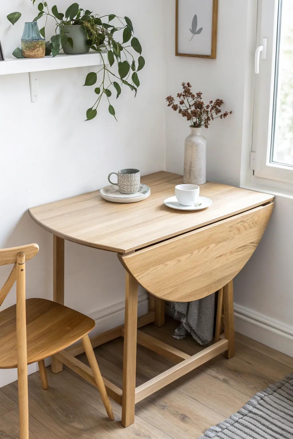 Wall-mounted drop-leaf corner table: warm oak, minimal lines, folds away to open up tiny kitchens.