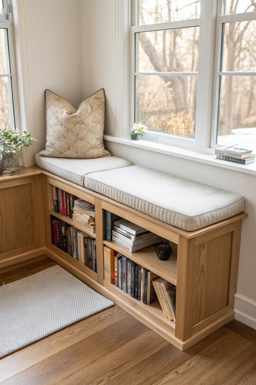 Corner bench with under-seat book cubbies—cozy perch and clutter-free storage in one.