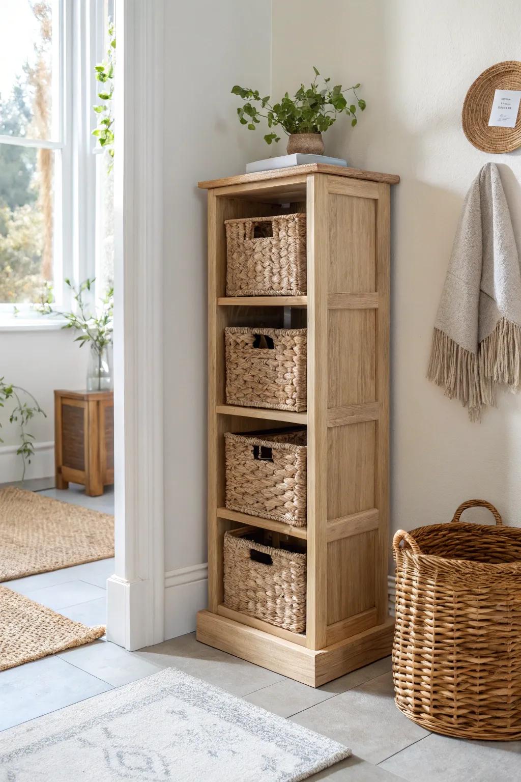 Calm your corner entry fast—matching basket cubbies keep everything tucked away and styled.