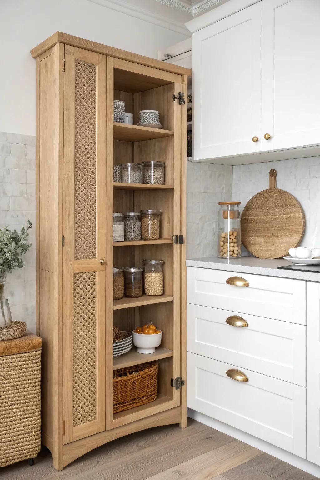 Adjustable shelves in a corner pantry cabinet let your storage shift with every season’s groceries.