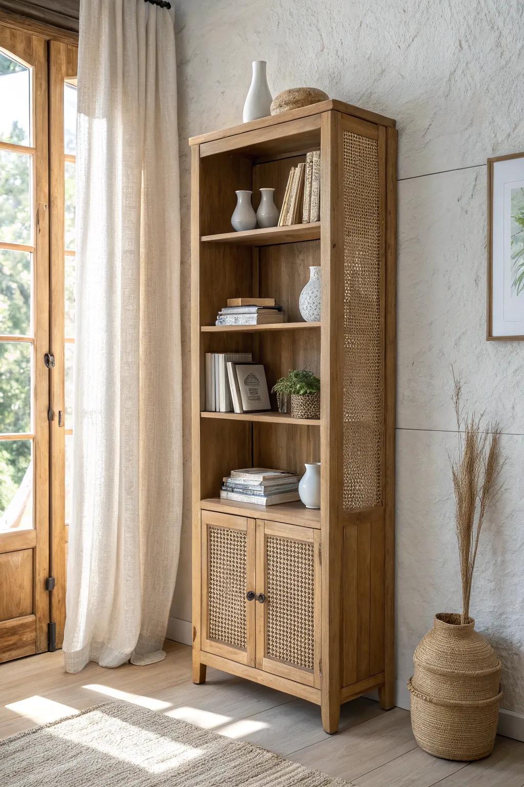A tall bookcase instantly frames a corner nook and makes it feel like a mini library.