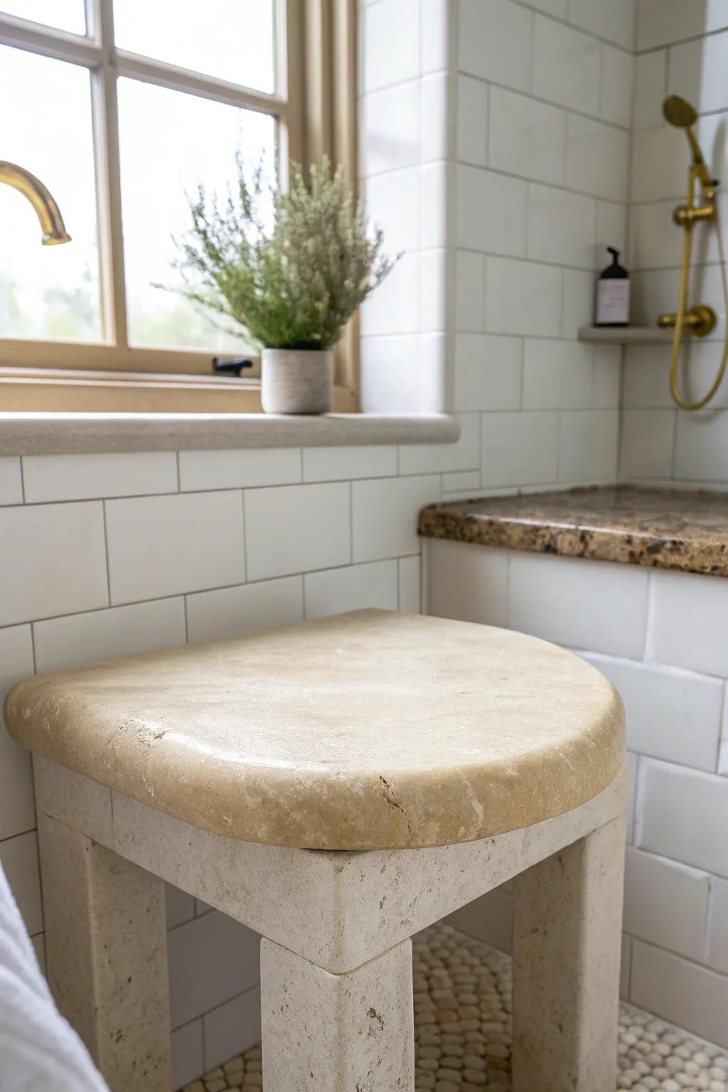 Honed stone slab corner bench: smooth, elegant, and wipes clean in seconds.