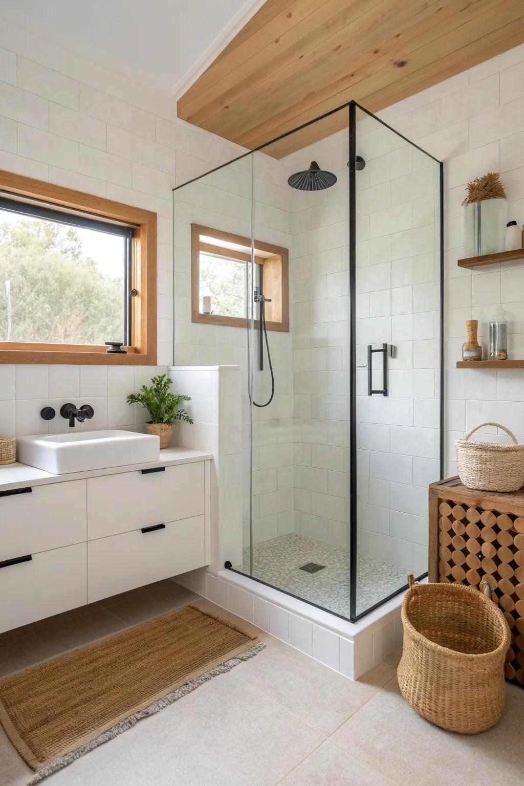 A pony wall + glass panel adds privacy to a corner shower without making a small bath feel closed in.