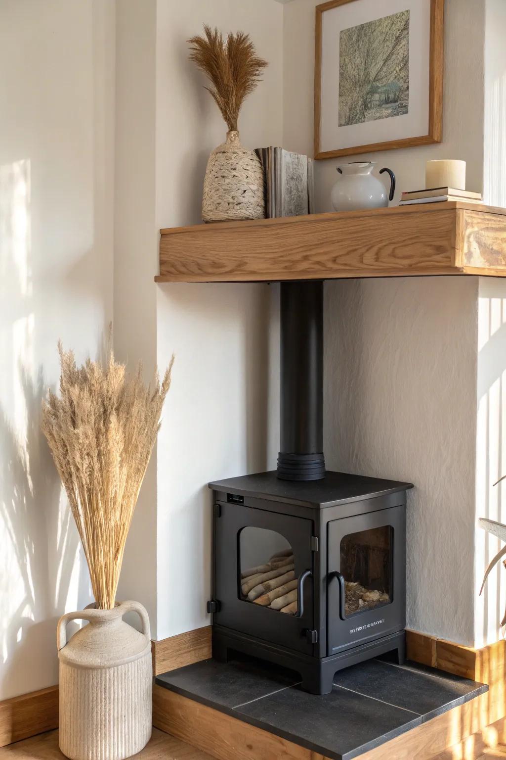 A slim corner mantel shelf adds charm above a corner stove—beautiful, practical, space-saving.