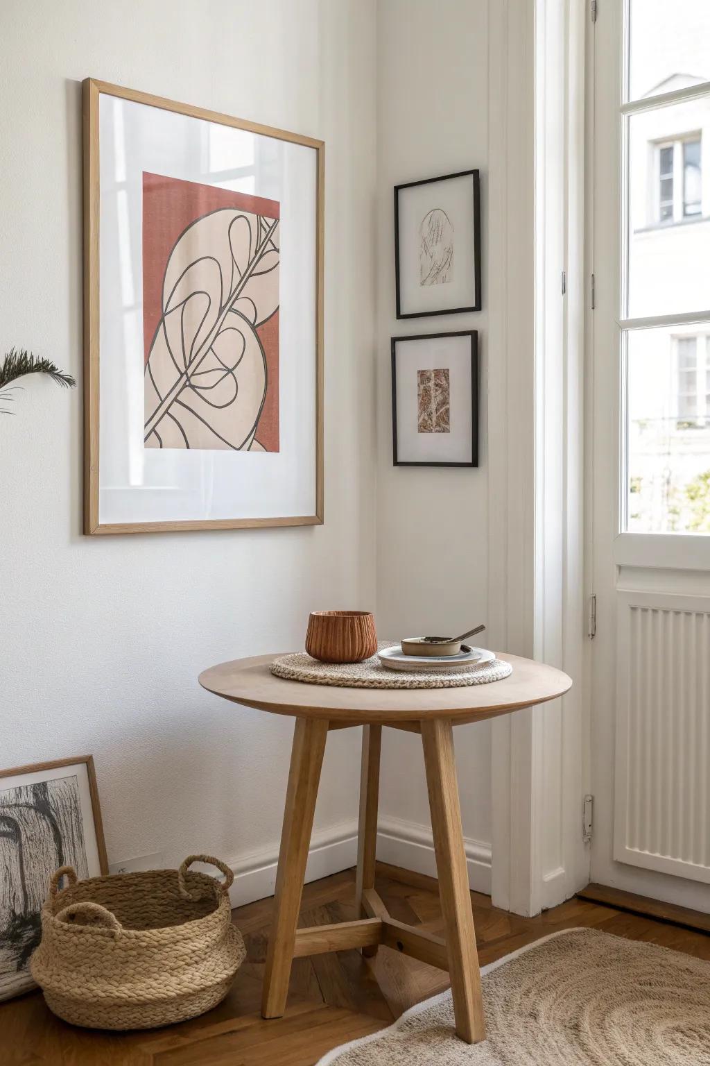 One statement print above your corner table instantly makes the space feel taller and finished.