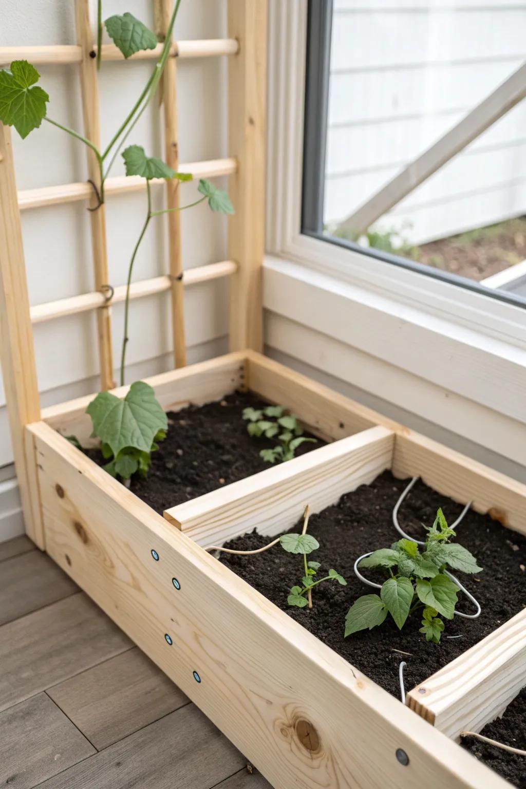 A simple 90° raised-bed corner trellis that keeps cucumbers climbing, not crawling.