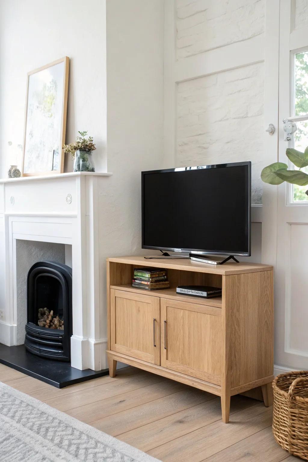 Corner TV beside the fireplace: a cozy, low setup that feels balanced, rental-friendly, and chic.