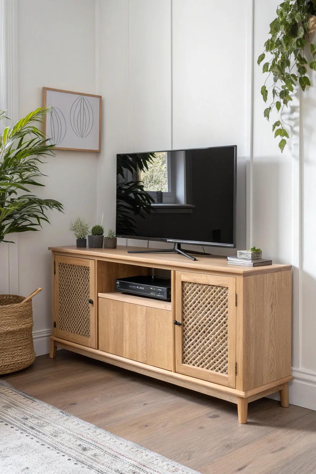 Calm your corner: a minimalist TV shelf with cabinet doors to hide remotes and cables.
