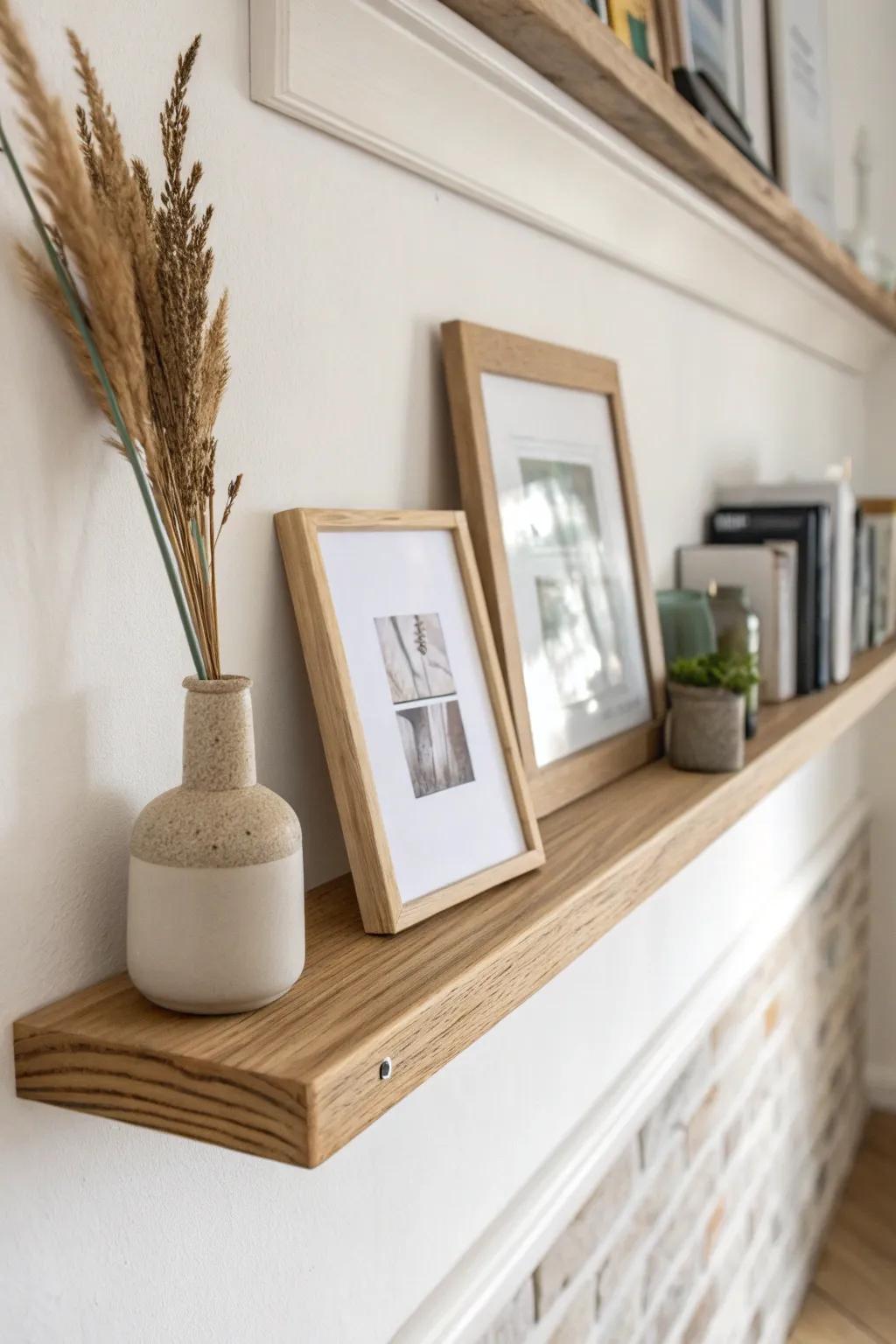 Corner picture ledges that wrap the wall—easy to layer frames and swap art with the seasons.