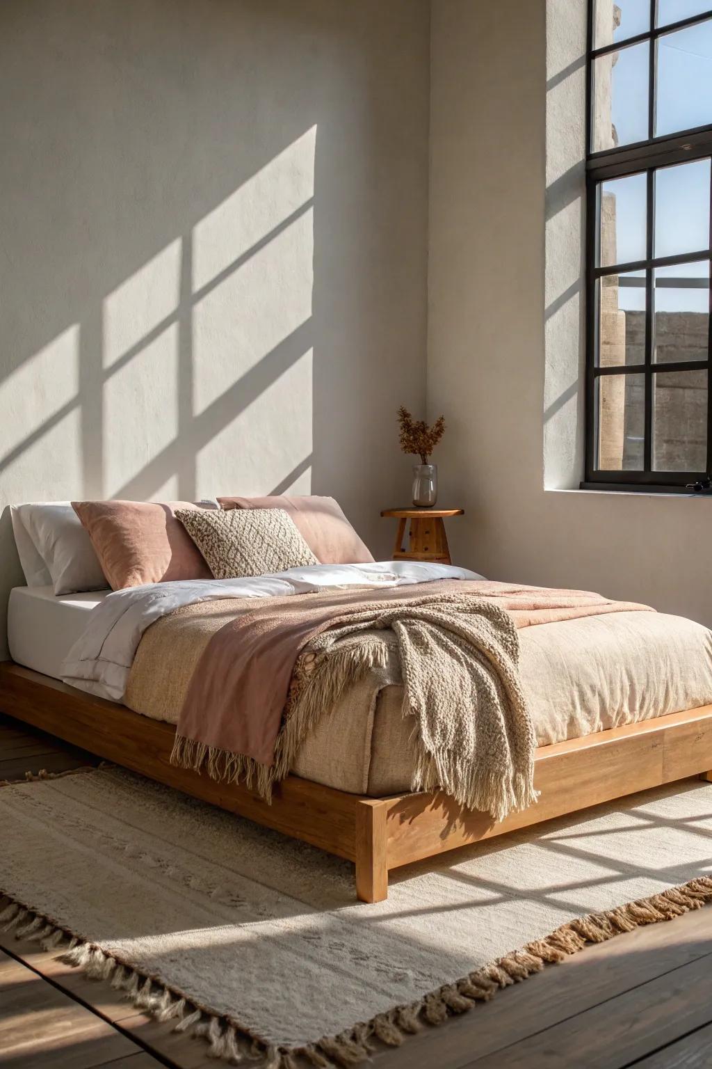 One calm palette—oat linen with a dusty-rose accent—makes a tiny bedroom feel serene.