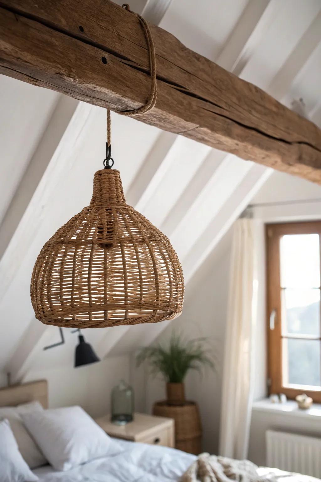 Let exposed beams lead the look—one warm wooden detail makes an attic bedroom instantly cozy.