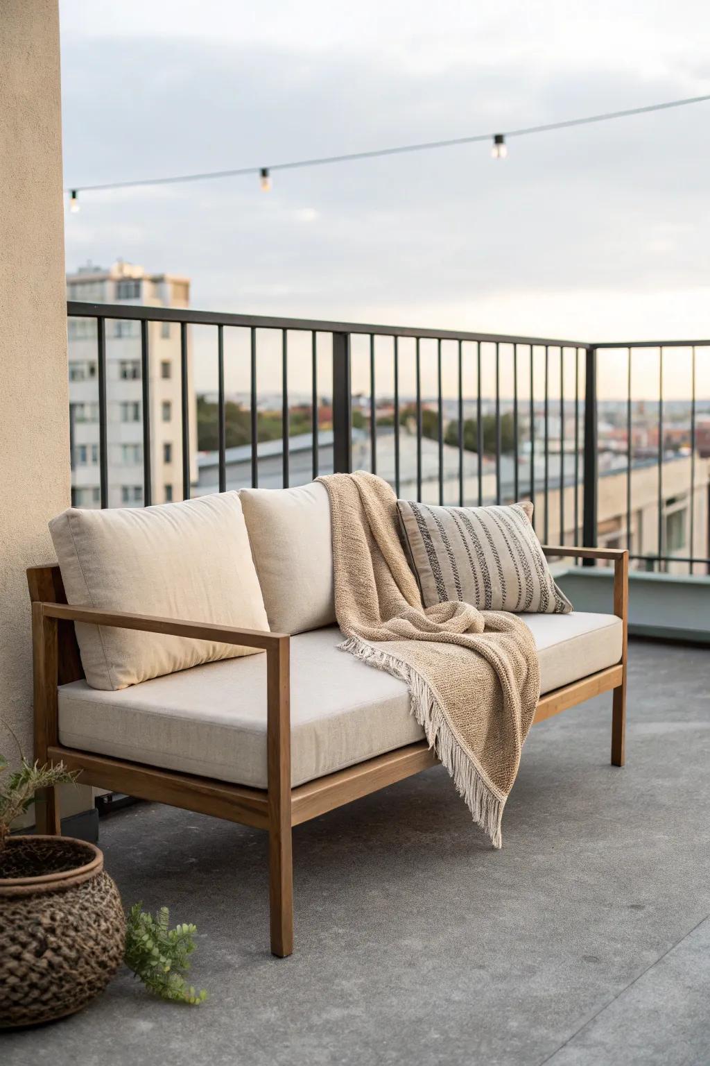 A compact loveseat keeps a tiny balcony light, airy, and living-room cozy.