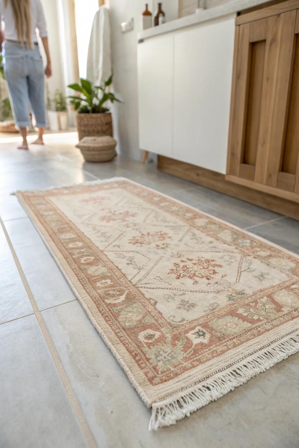 Swap the bath mat for a vintage-style rug—instant cozy, room-like warmth in small bathrooms.