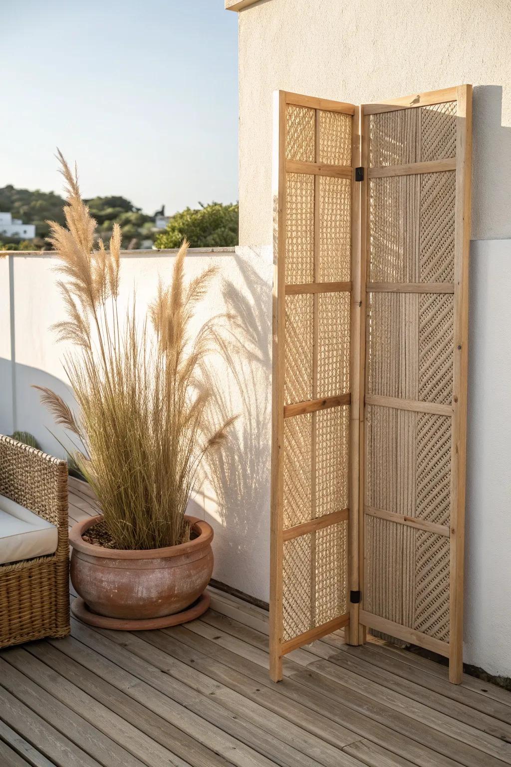 A tall planter + simple slatted screen creates instant privacy—and a secret-deck nook.