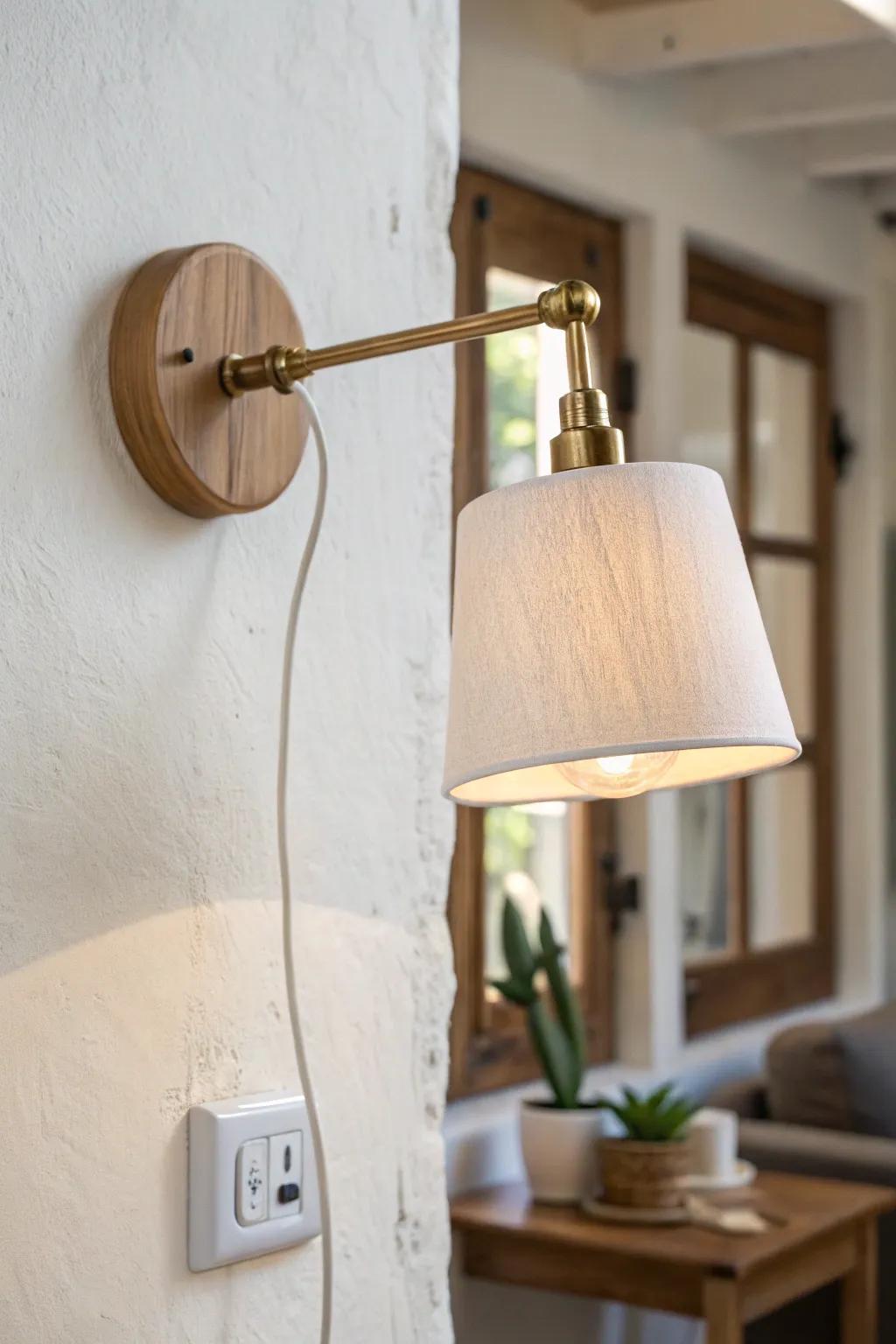 Plug-in wall sconce = hotel-cozy glow without stealing an inch of nightstand space.