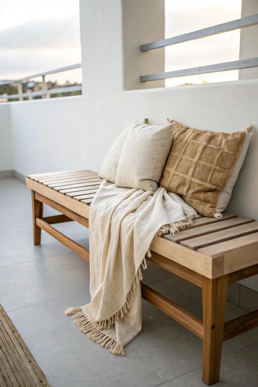 Go low with a cushy lounge bench—instant outdoor living room vibes for a tiny balcony.