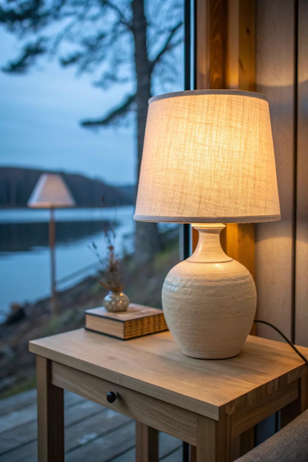 Warm layered light: one glowing lamp makes a small lake house feel instantly cozy after dark.