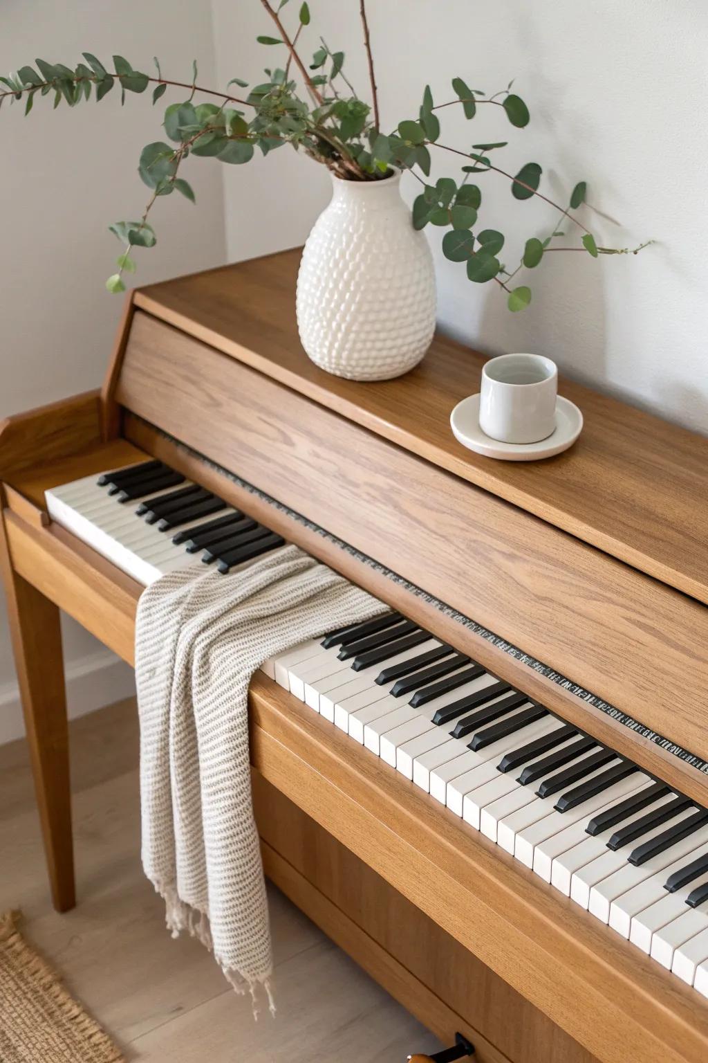 Style your piano top like a console: one vase, one object, instant cozy calm.