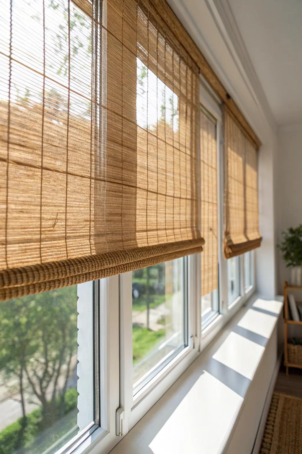Natural bamboo shades add warm texture and cozy privacy—perfect for a small sunroom.