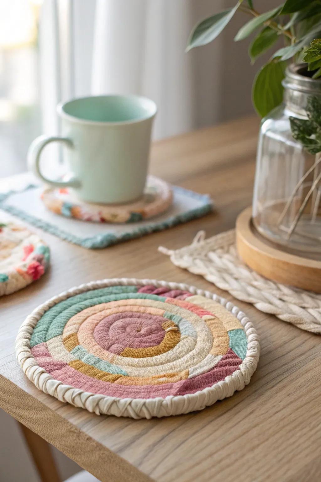 Elevate your coffee table with charming fabric scrap coasters—where simplicity meets creativity.