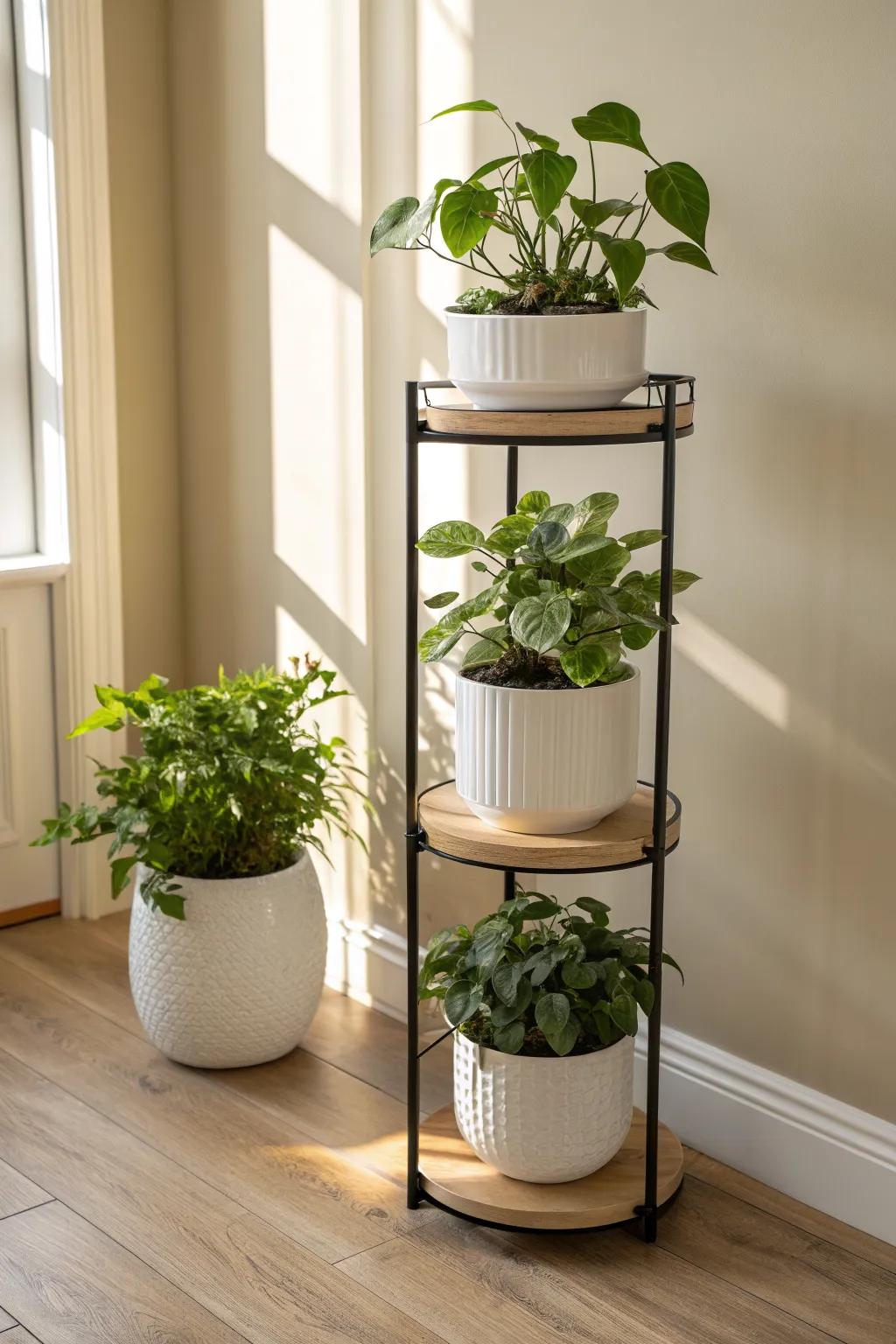 Round multi-pot stand, same-tone pots—maximum greenery, minimal mess for small-space living.