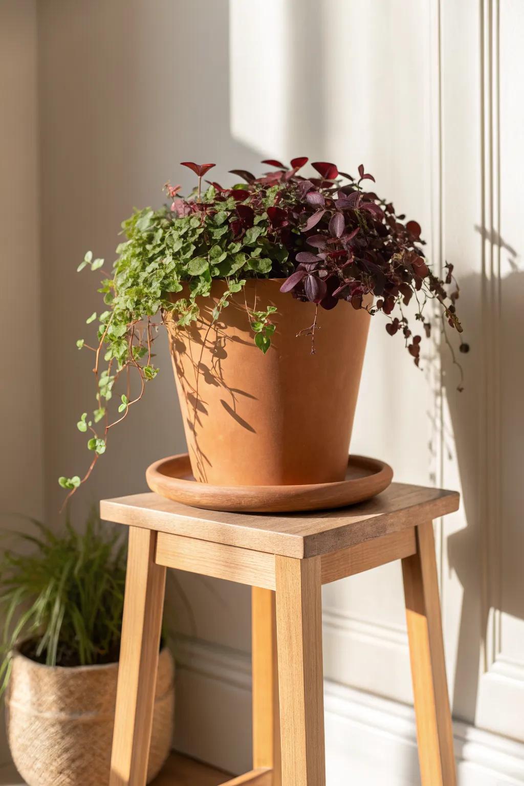 Golden Creeping Jenny + moody burgundy leaves—one pot, high-contrast, designer look.