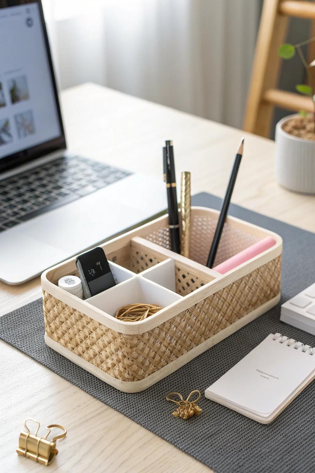 One chic desktop caddy keeps every daily essential corralled—reset your cubicle in seconds.