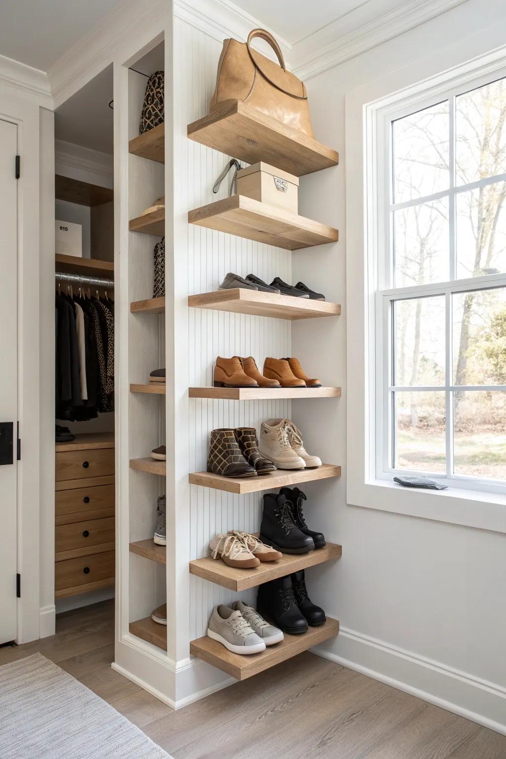A slim vertical shoe wall keeps every pair visible—no more floor pile in a tiny closet.