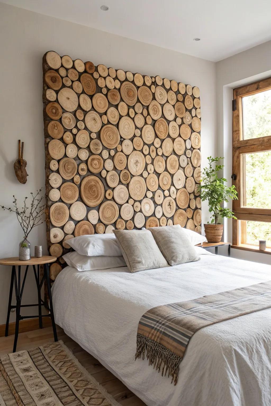 Bring the forest home with this stunning tree slice headboard—where nature meets elegance.