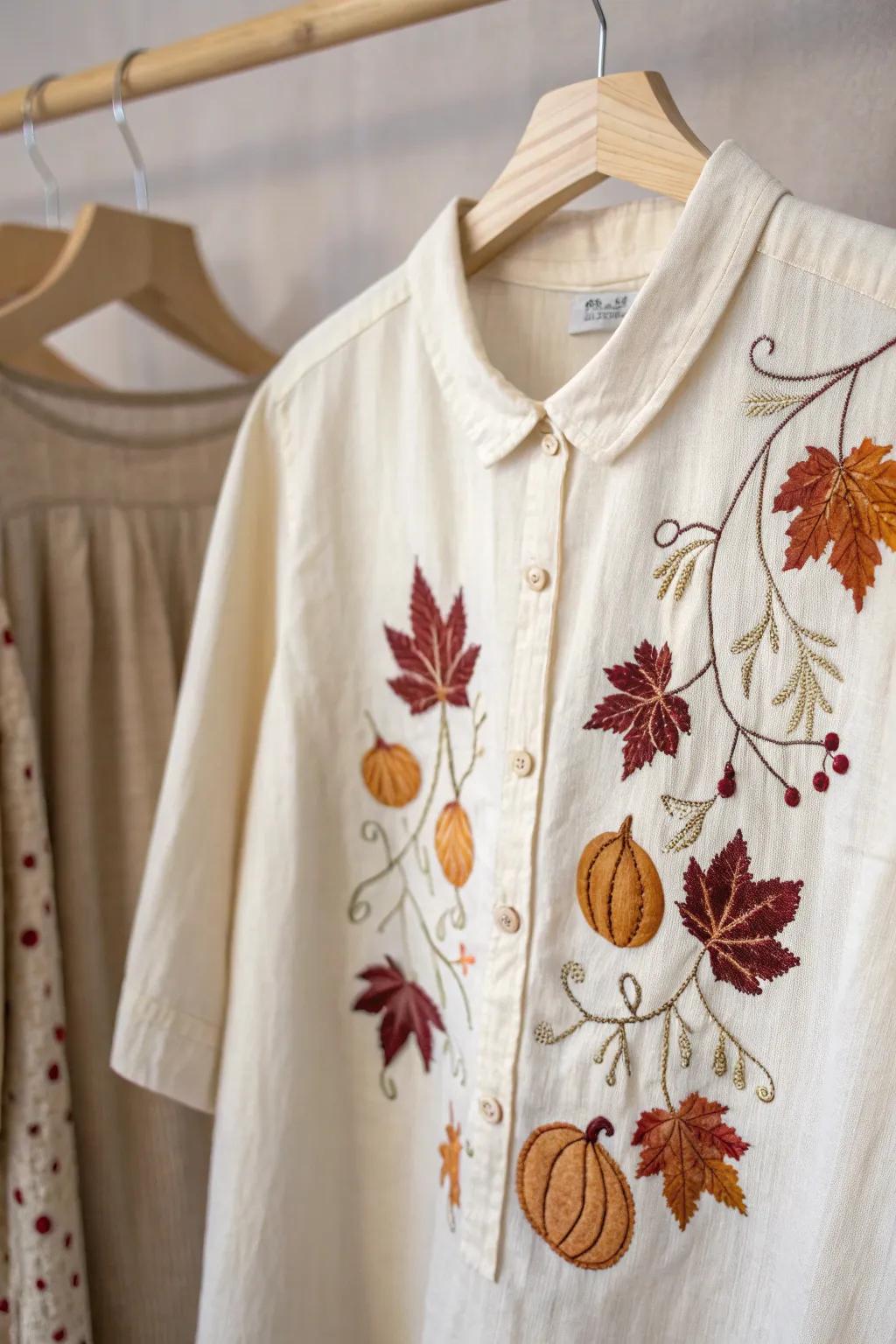 Embrace the season with this charming autumn-inspired shirt, where craftsmanship meets nature.
