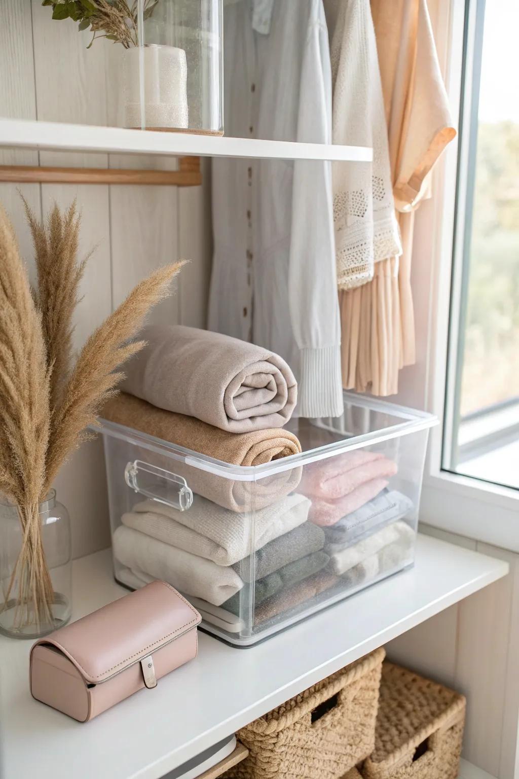 A clear bin on a slim closet shelf—cute, clutter-free, and every item is easy to spot instantly.