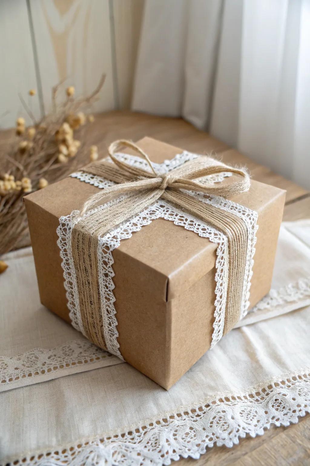 Burlap + lace layers turn a simple box into a reusable rustic beauty with soft, handmade charm.