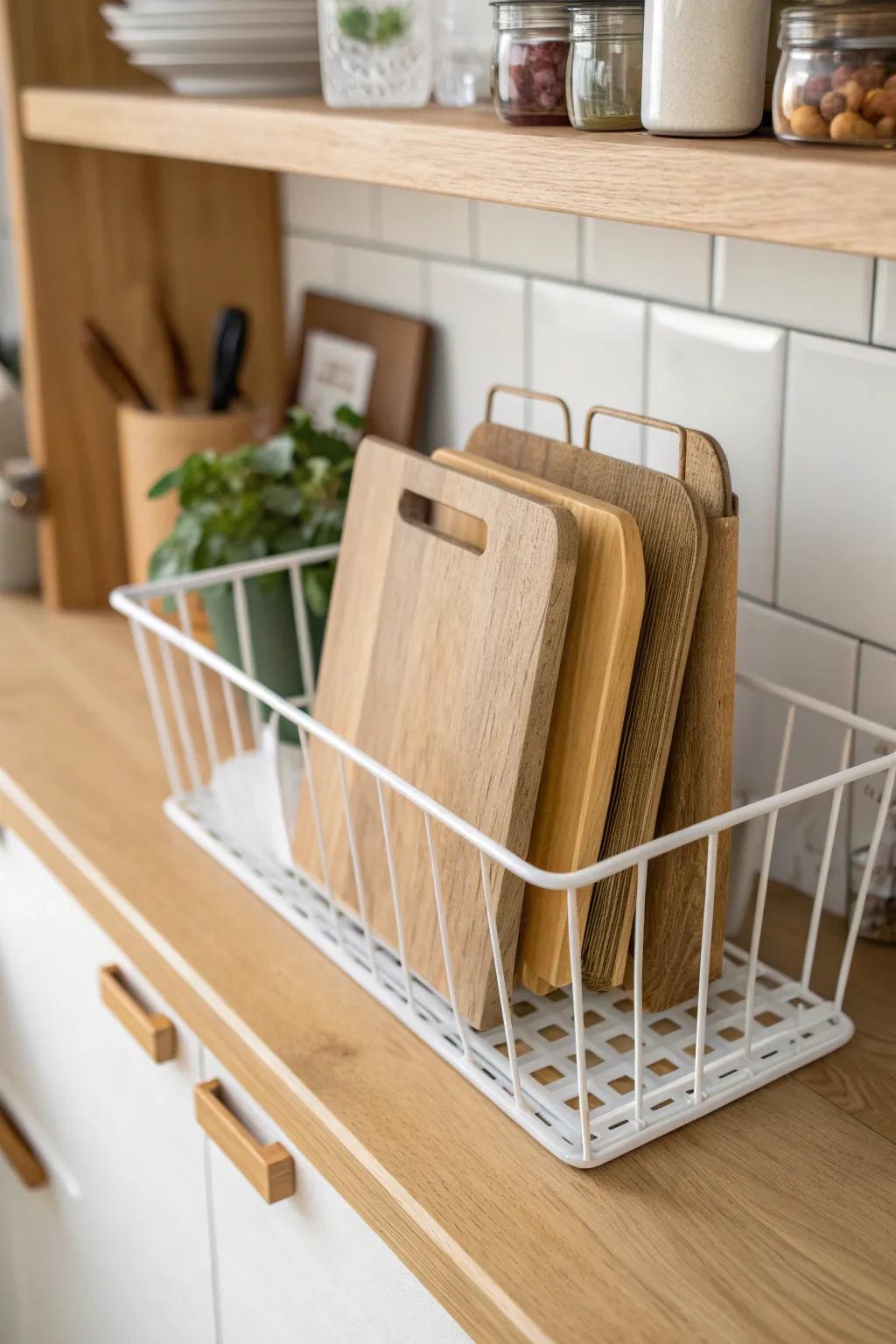 Add a secret slot: an under-shelf basket keeps slim cutting boards tidy in tiny kitchens.