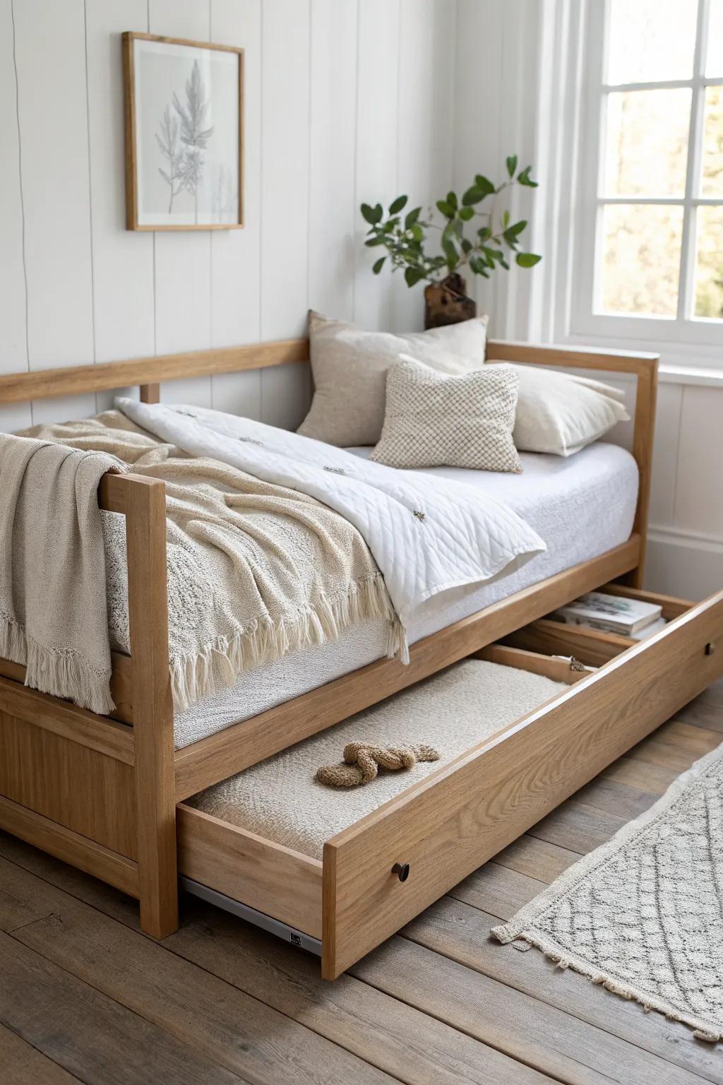 A pull-out trundle daybed makes overnight guests effortless—ready in minutes, no extra room needed.