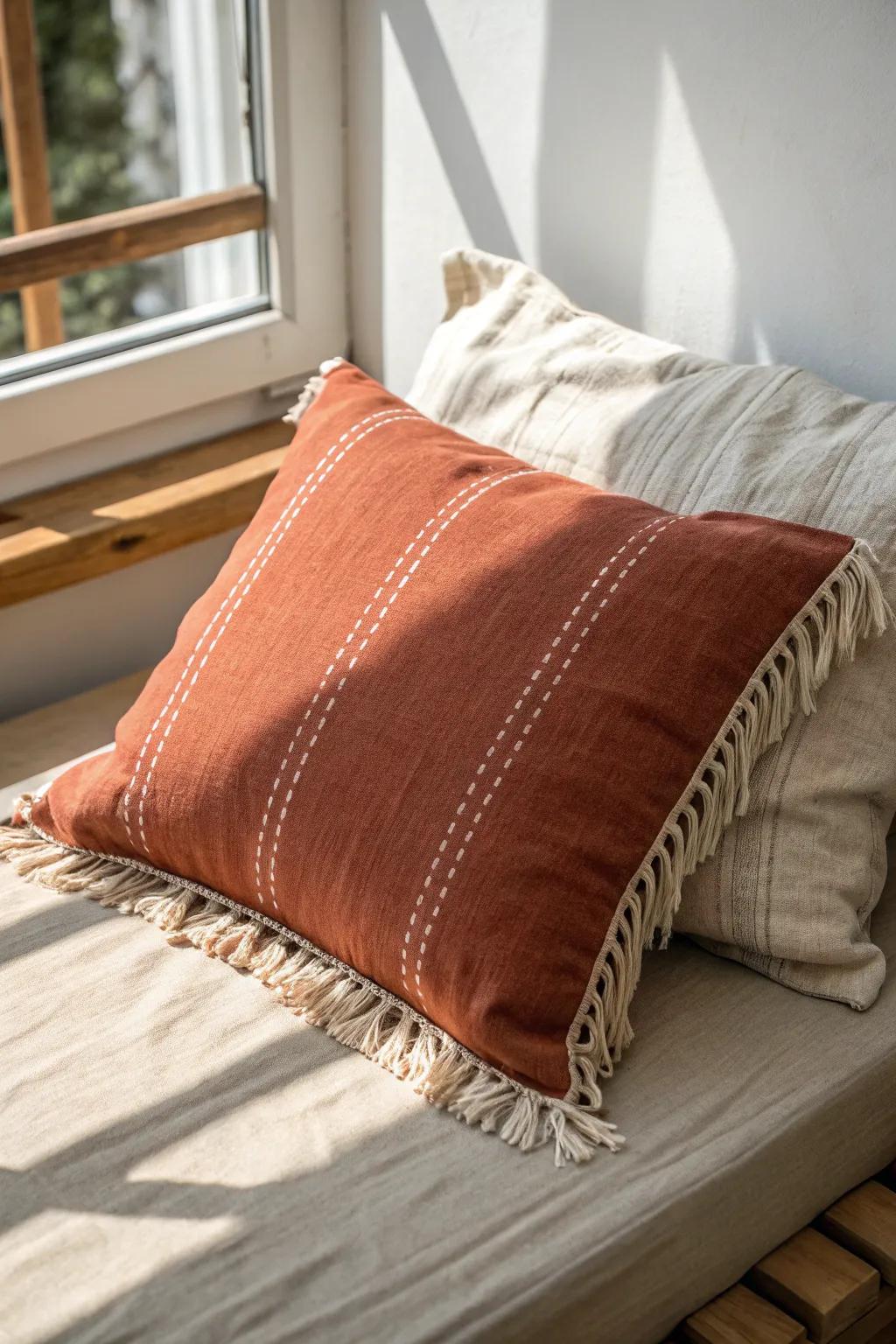 Neutral daybed base, one bold terracotta pillow—simple, calm, and perfectly designed.