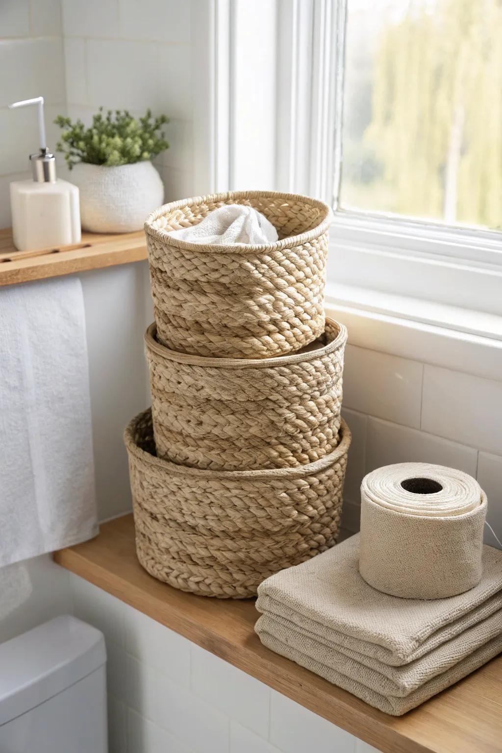 Matching woven baskets turn small-bath open shelves into calm, curated storage.