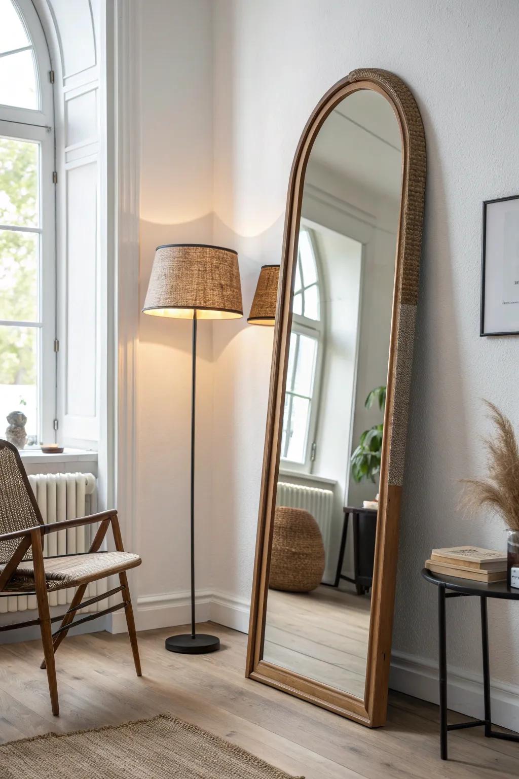 Tall arched mirror bouncing lamp light to lift a dark corner—Scandi minimal with boho warmth.